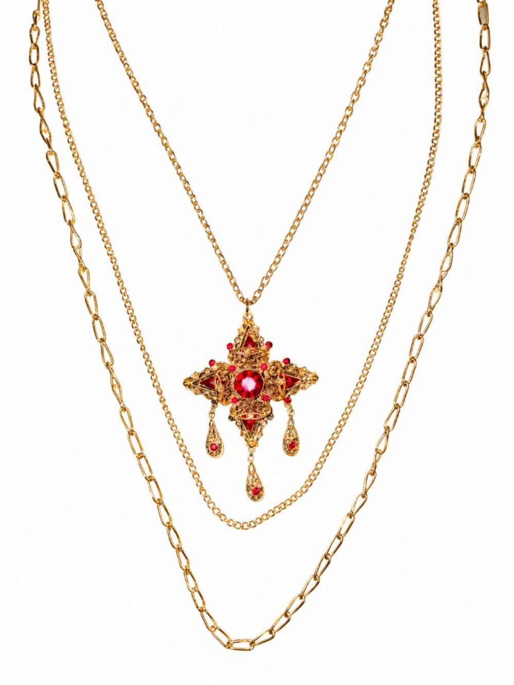Vintage rhinestone pendant three chain necklace